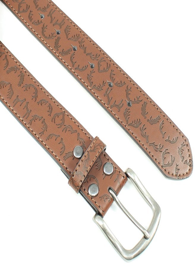 BC Belts حزام من الجلد مع مشبك معدني بعرض 1.5 بوصة مزود بأزرار كبس - حامل صيد على شكل غزال أو أيل أو موس (بني - كبير) - Image 5